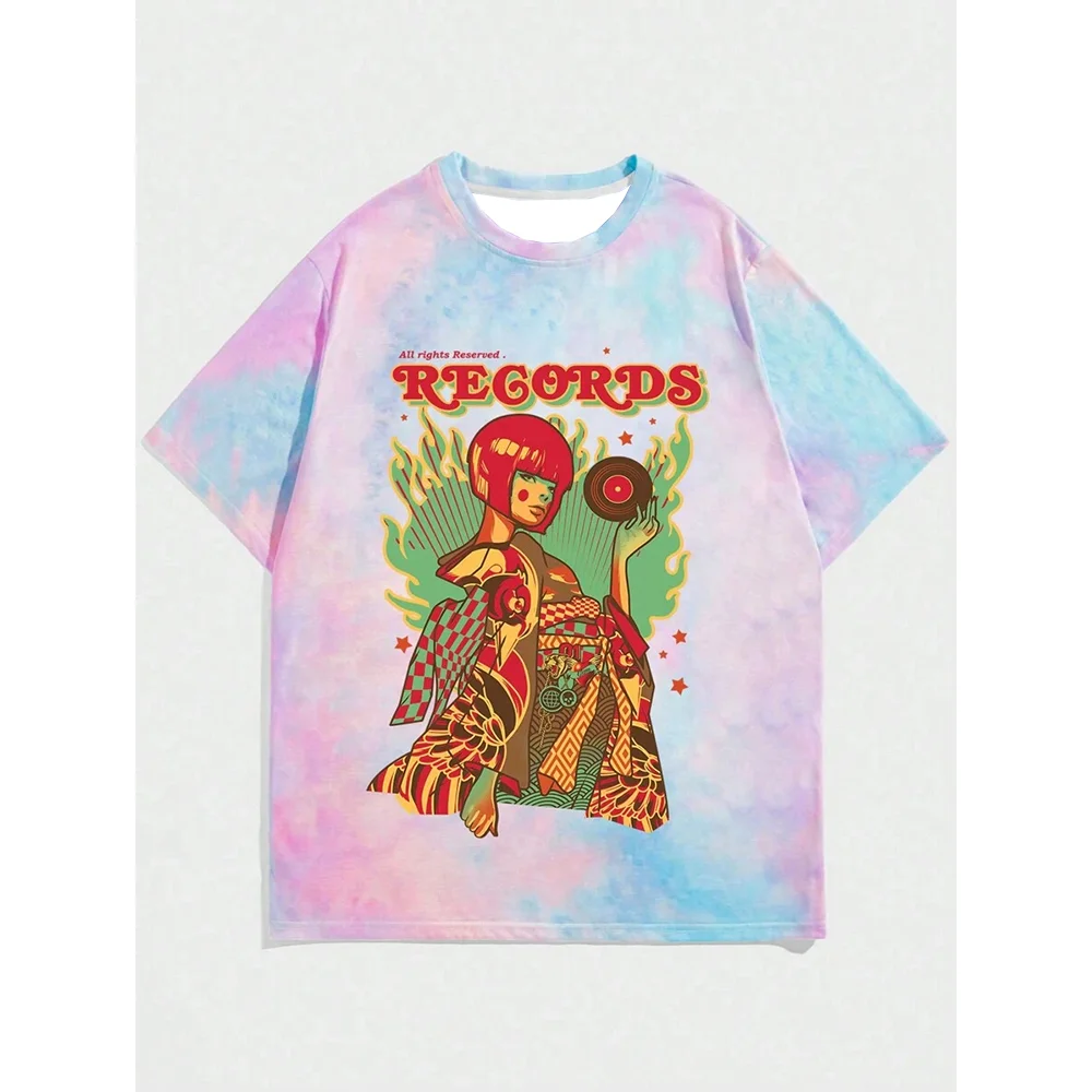 

Summer's New Graffiti Color-Blocked Round-Neck Short-Sleeved T-Shirts For Men And Women With Cartoon And Anime Character Prints