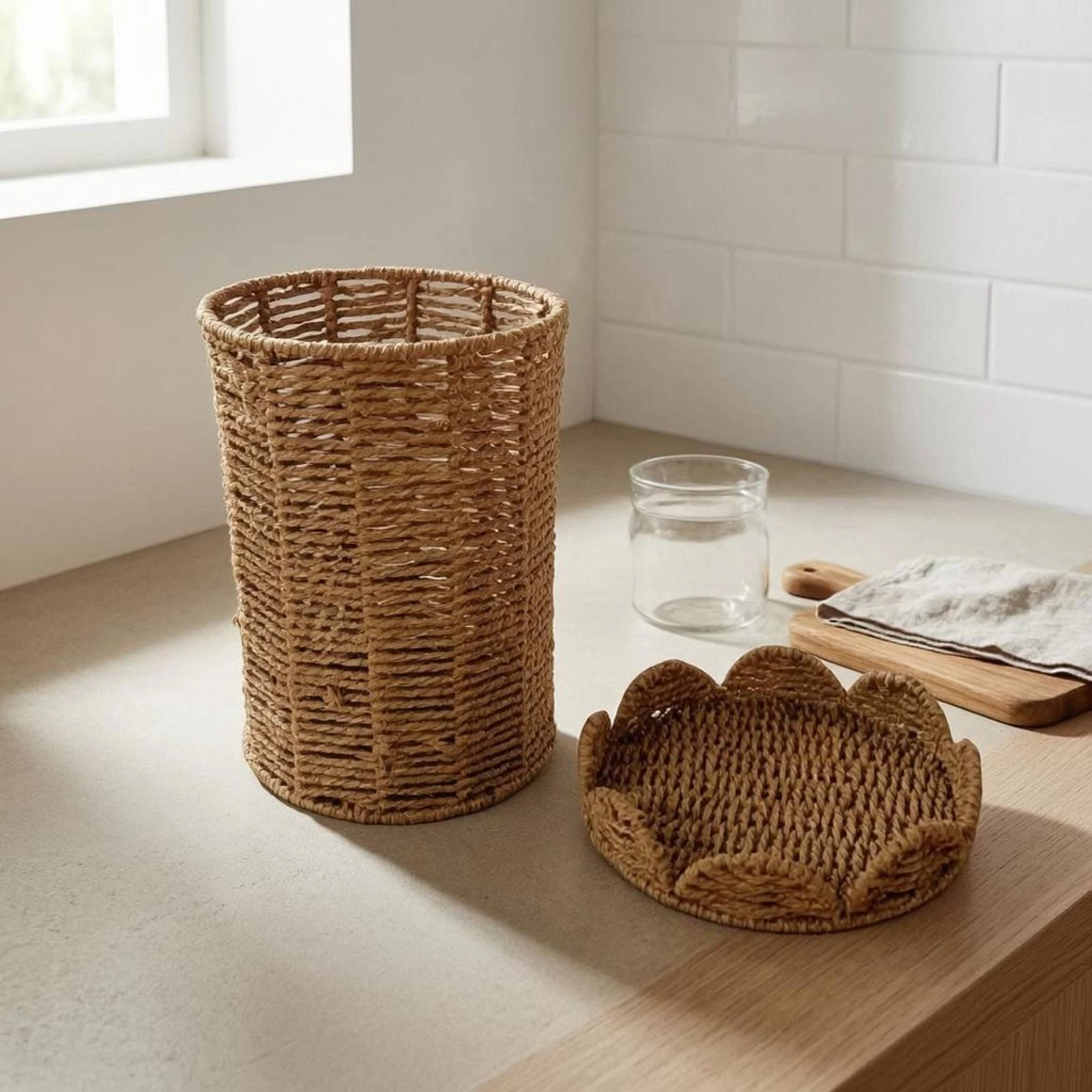 Paper Rope Trash Can Matching Lid Paper Rope Bin Lidded Trash Can Reinforced Rim Cylindrical Waste Bin Versatile Use