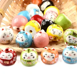 15mm Cute FU Cat Shape Ceramic Beads 3mm Hole Hand Painted Loose Porcelain Beads DIY Bead for Jewelry Making Bracelet Crafts