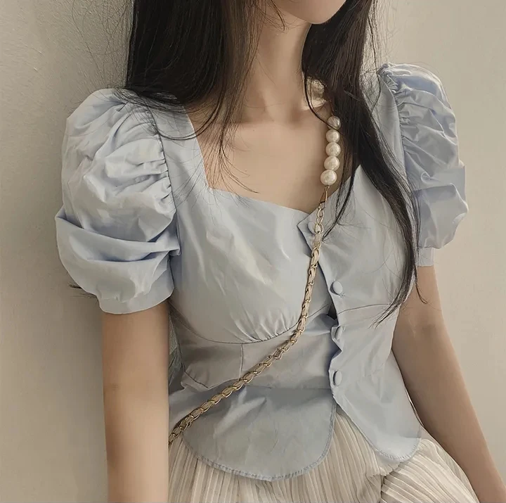 시크 빈티지 하트 칼라 싱글 버튼 반팔 셔츠 여성용 탑 한국 스타일 출퇴근용 순색 면직물 스트레이트 컷