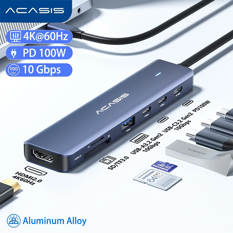 ACASIS USB C Hub to 4K@60Hz HDMI 10Gbps Multiport Docking Station PD 100W Charging SD TF Card Reader For MacBook Windows iPad TV