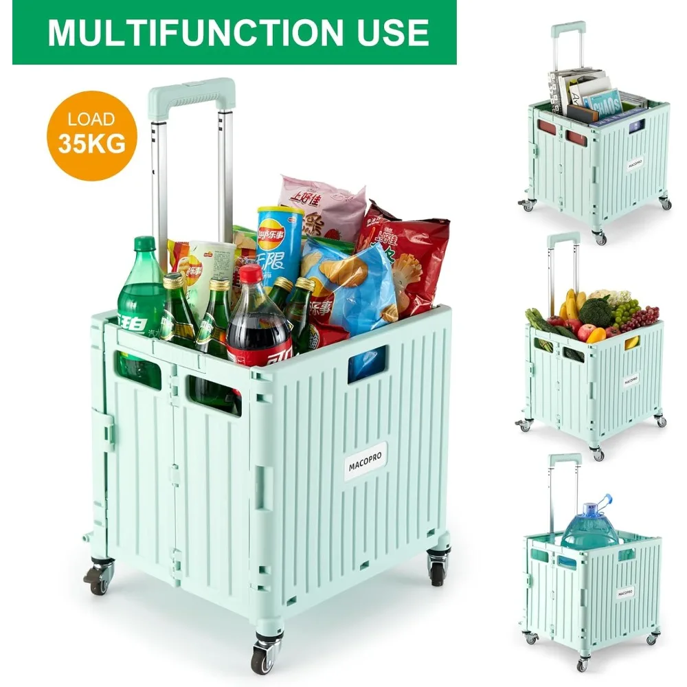 Folding Utility Cart Portable Rolling Crate Handcart Shopping Trolley Collapsible Tool Box, with Lid, Basket on 4 Rotate Wheels