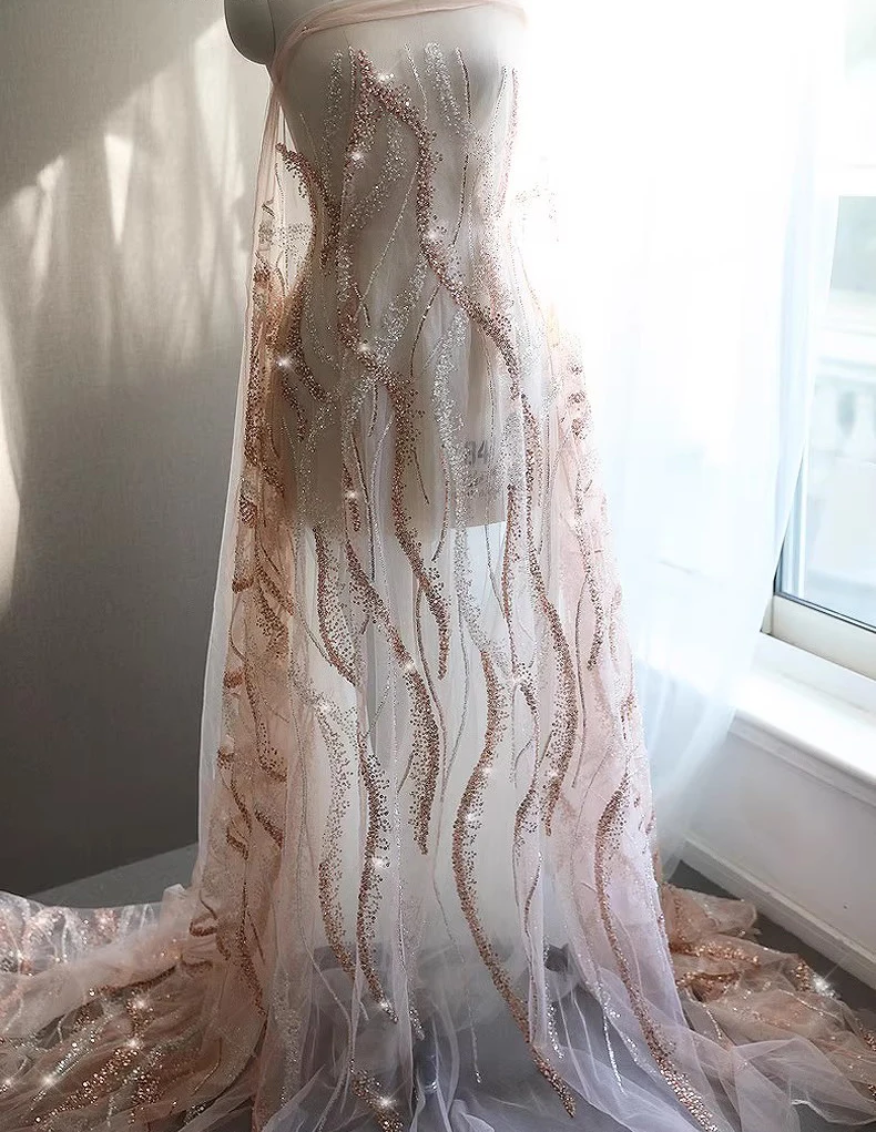 

1yard New soft mesh fabric Three-dimensional striped glow sequin embroidery telas Wedding Dress cheongsam fabrics for clothing