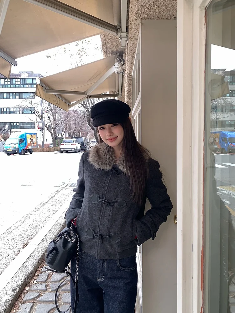 

ay ort Woolen Coat with Fur Collar Women's Winter Faion College Sle Button up Cardigan Korean Sle Stand Fit