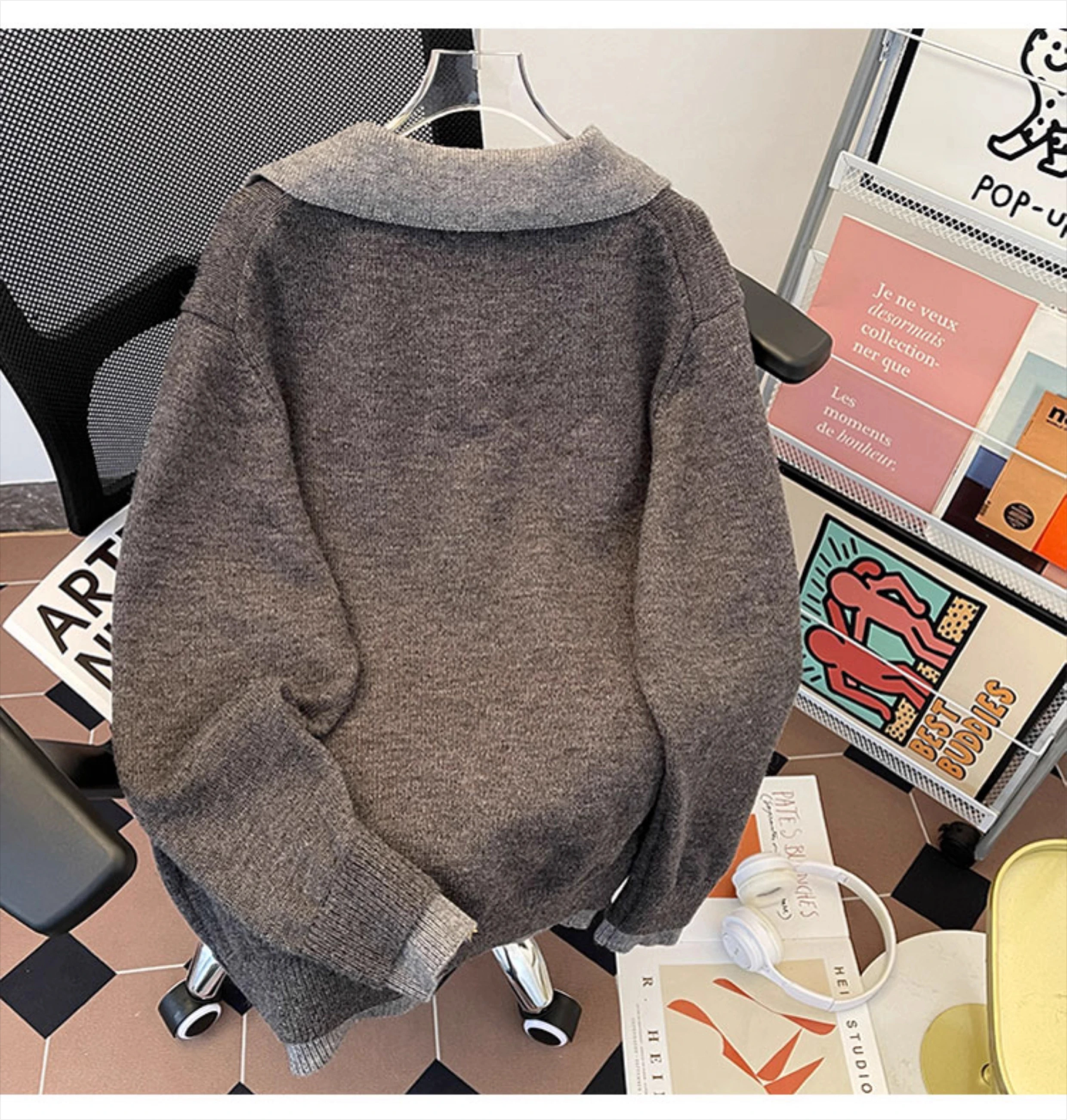 2025 Autumn Winter New American Retro Men's Gray Apricot Fake Two-Piece V-Neck Turn-Down Collar Long Sleeve Casual Knit Sweater