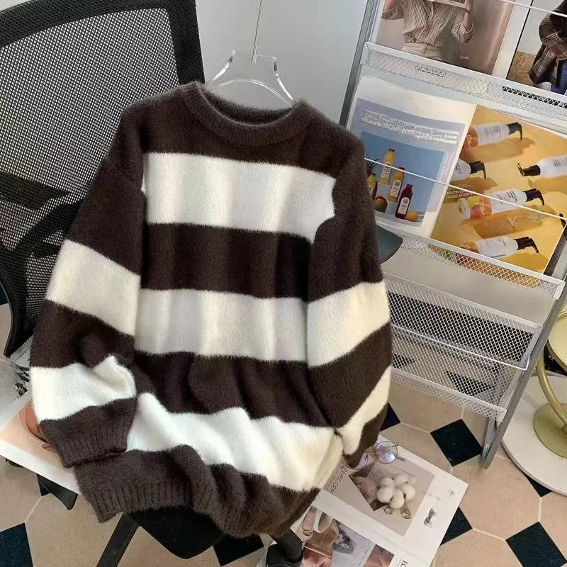 Frauen schwarz-weiß gestreifte Strick pullover O-Ausschnitt Oberteile Langarm Lose Pullover Einfache schick Kleidung Koreanische Mode