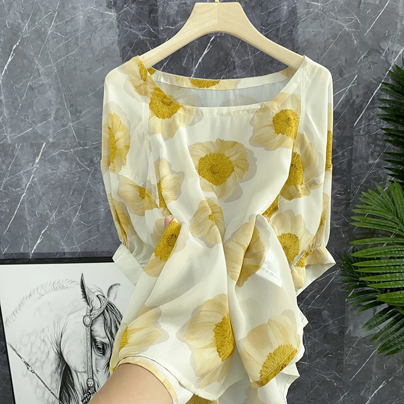 

Silk Blouse Women's Summer Square Collar Bubble Sve Floral Print True Silk irt Floral Print Long Sve Blouse