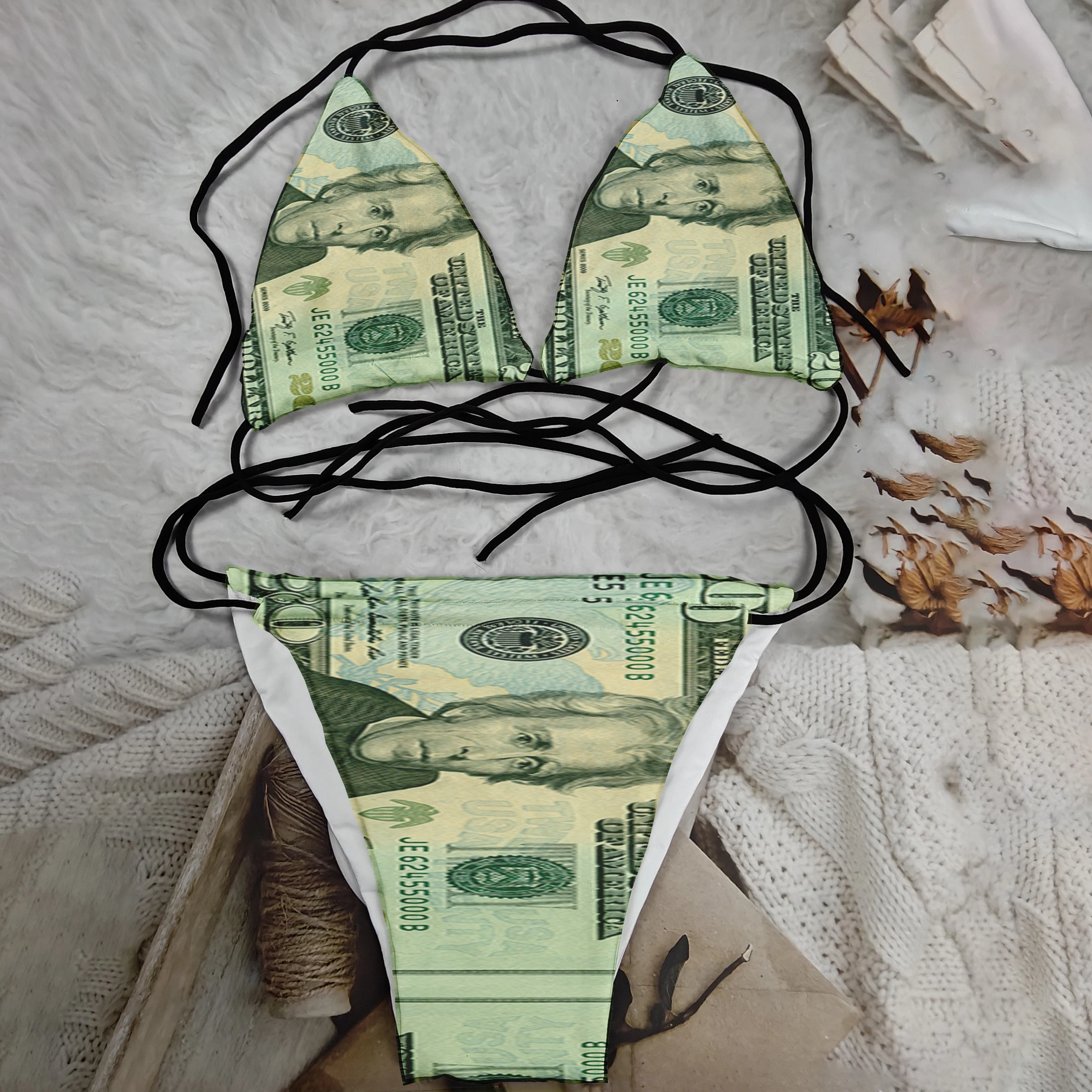 

Hot sale dollar ladies bikini set print two-piece swimsuit fashion sexy knitted currency summer beach party sunbathing