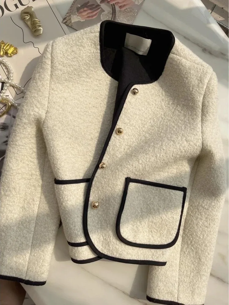 New Elegant Coats for Women Autumn White Loose Korean Style Wool Women's Coat Fashion Button Casual Woman Jackets 2024