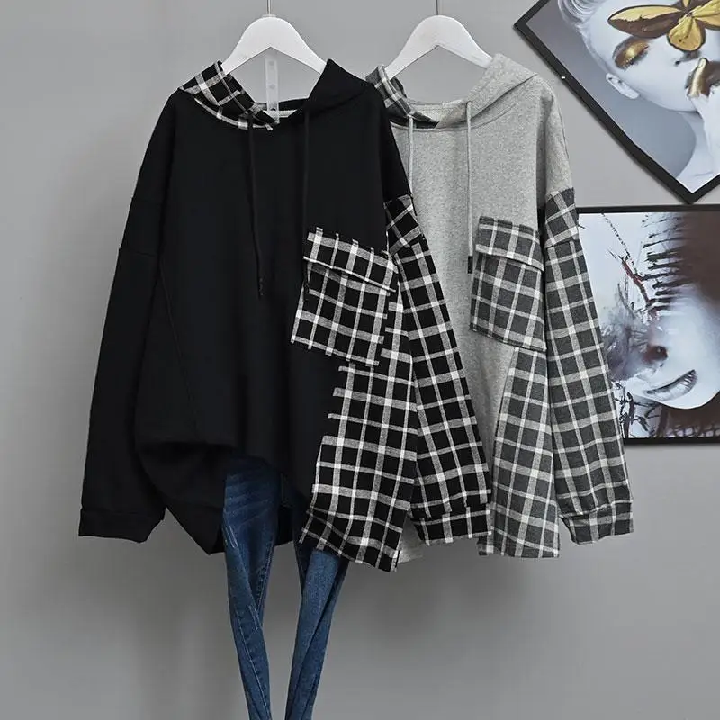 

American retro Hot Girl Large Loose Hoodie Spring and Autumn Y2K Harajuku Splicing Grid Fashion Women's Tops Millennium Style