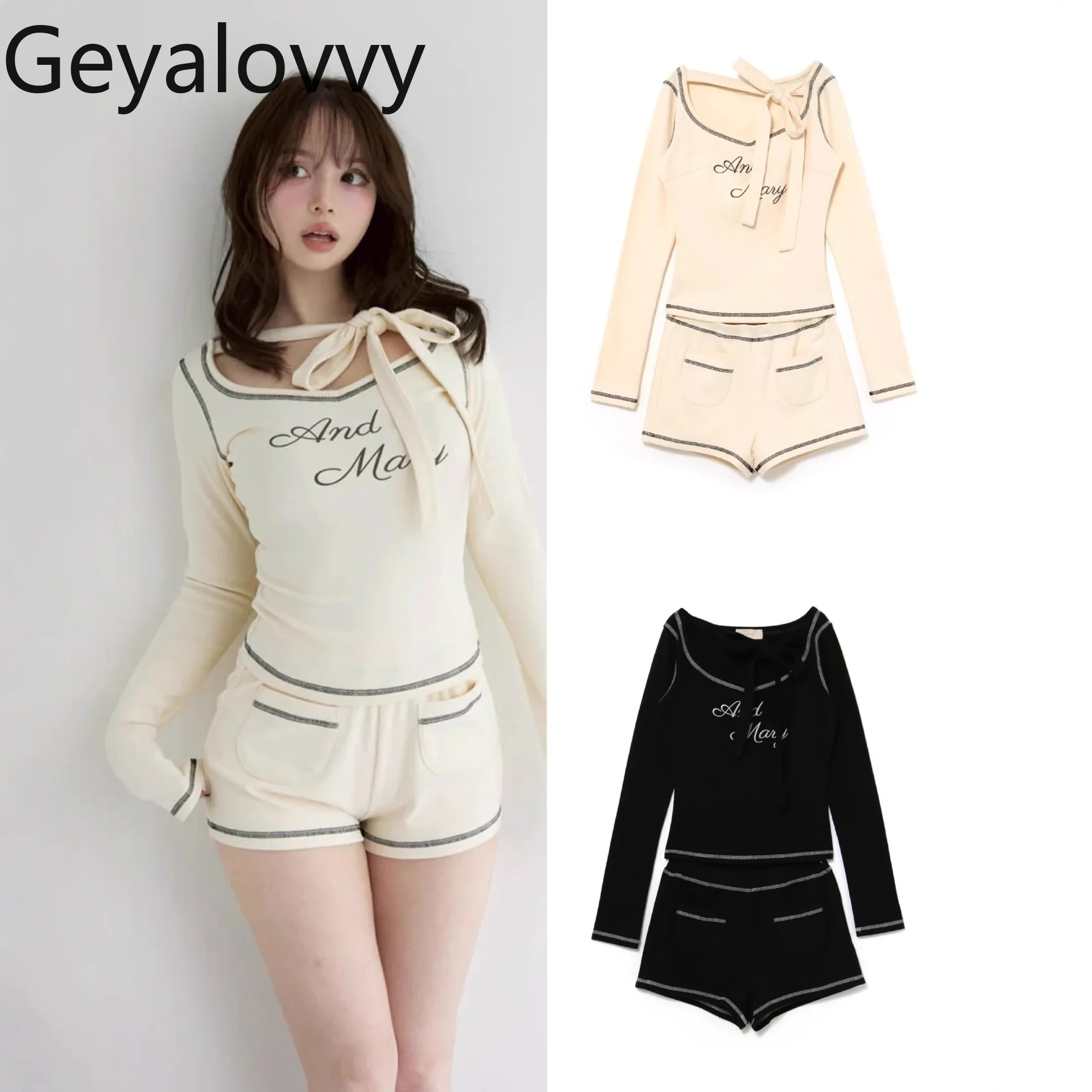 

Топ с длинными рукавами в японском стиле и шорты, костюм, модная элегантная повседневная одежда, женский весенне-осенний комплект из двух предметов для женщин