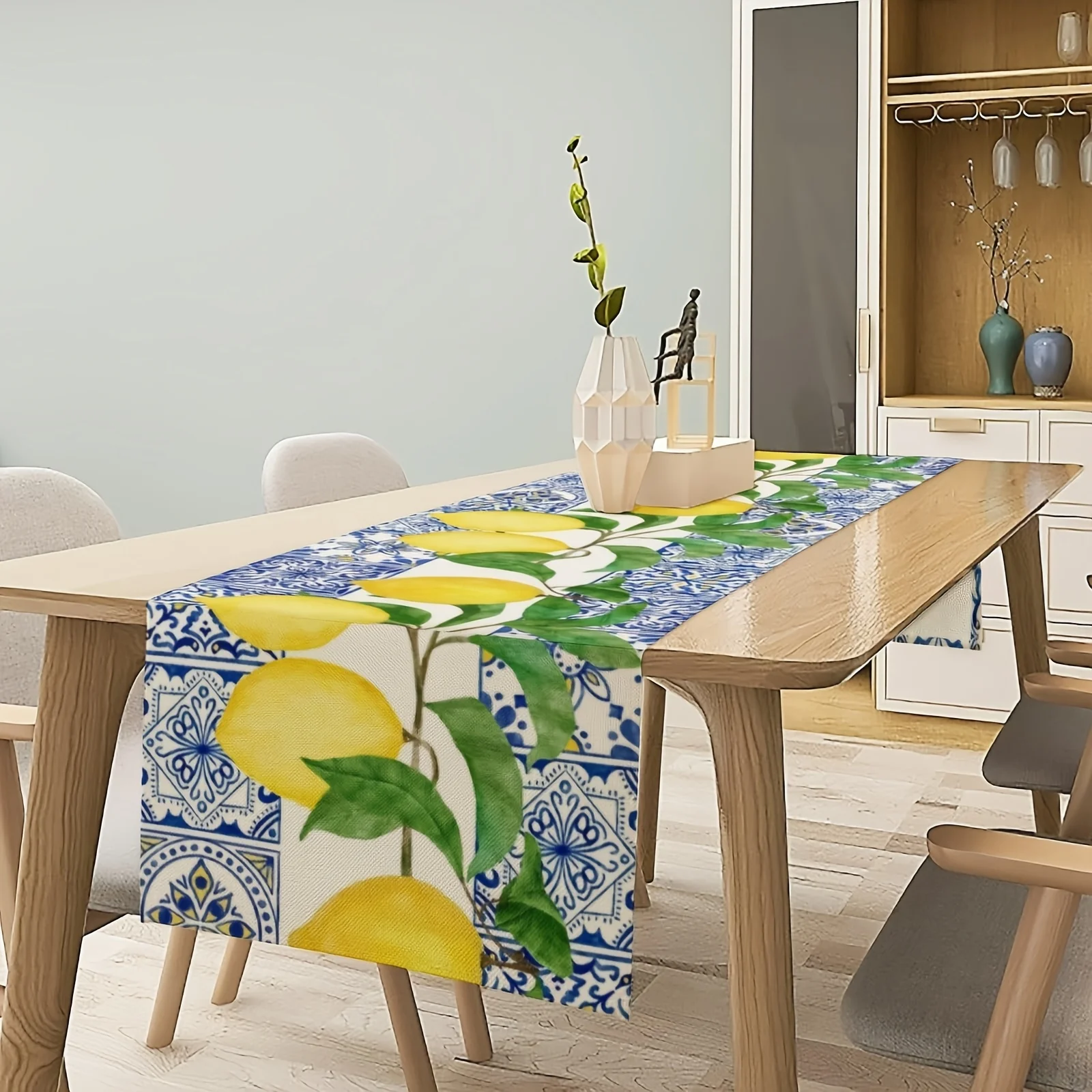 Yellow Lemon Blue Tile Linen Table Runner Holiday Party Decor Summer Lemon Fruit Plant Kitchen Dining Table Runners Home Decor