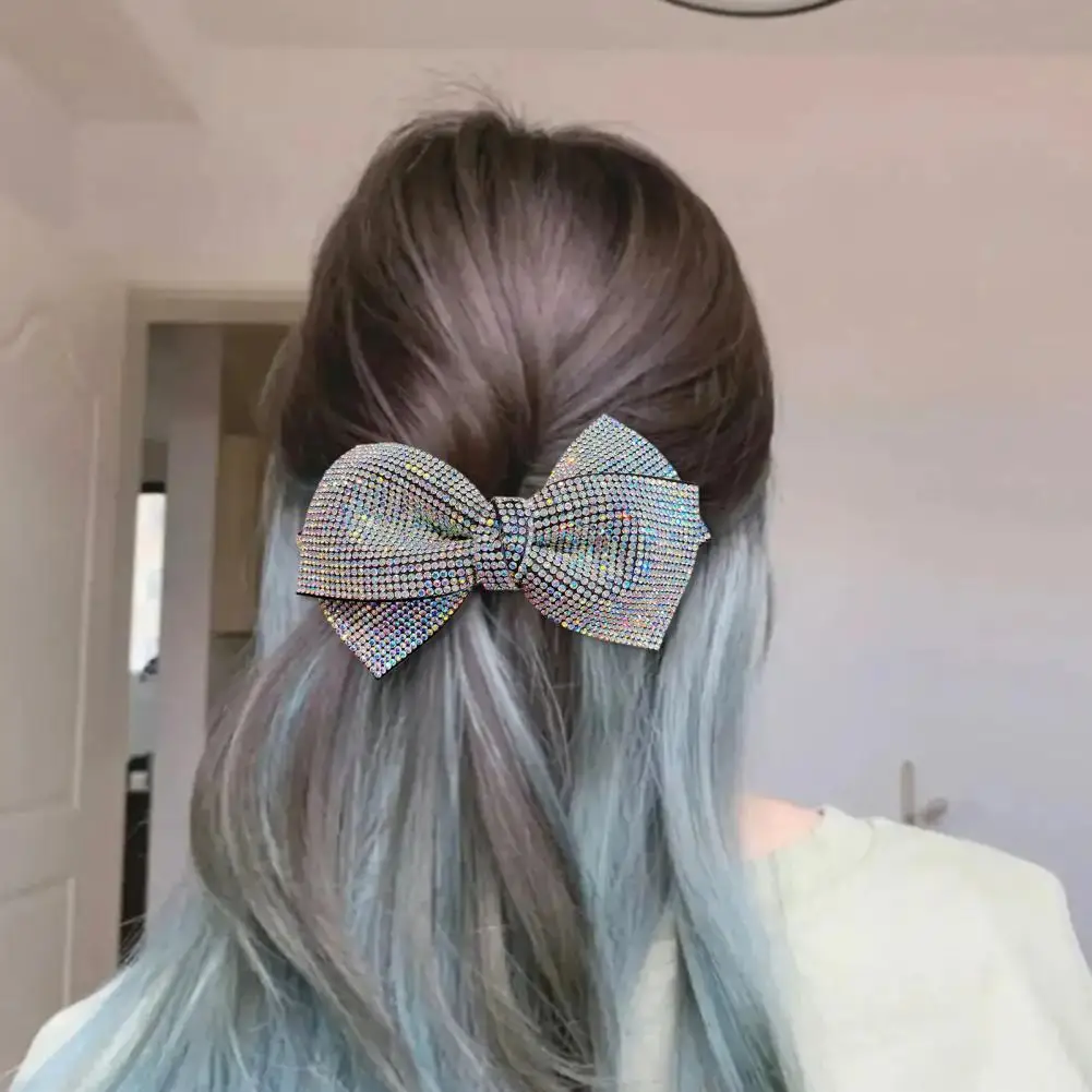 Bow Hairpin Non-Slip Anti-fall Stable-fixed Strong Grip Anti-crack Shiny Rhinestone Spring Clip Hair Barrette Daily Wear Supply