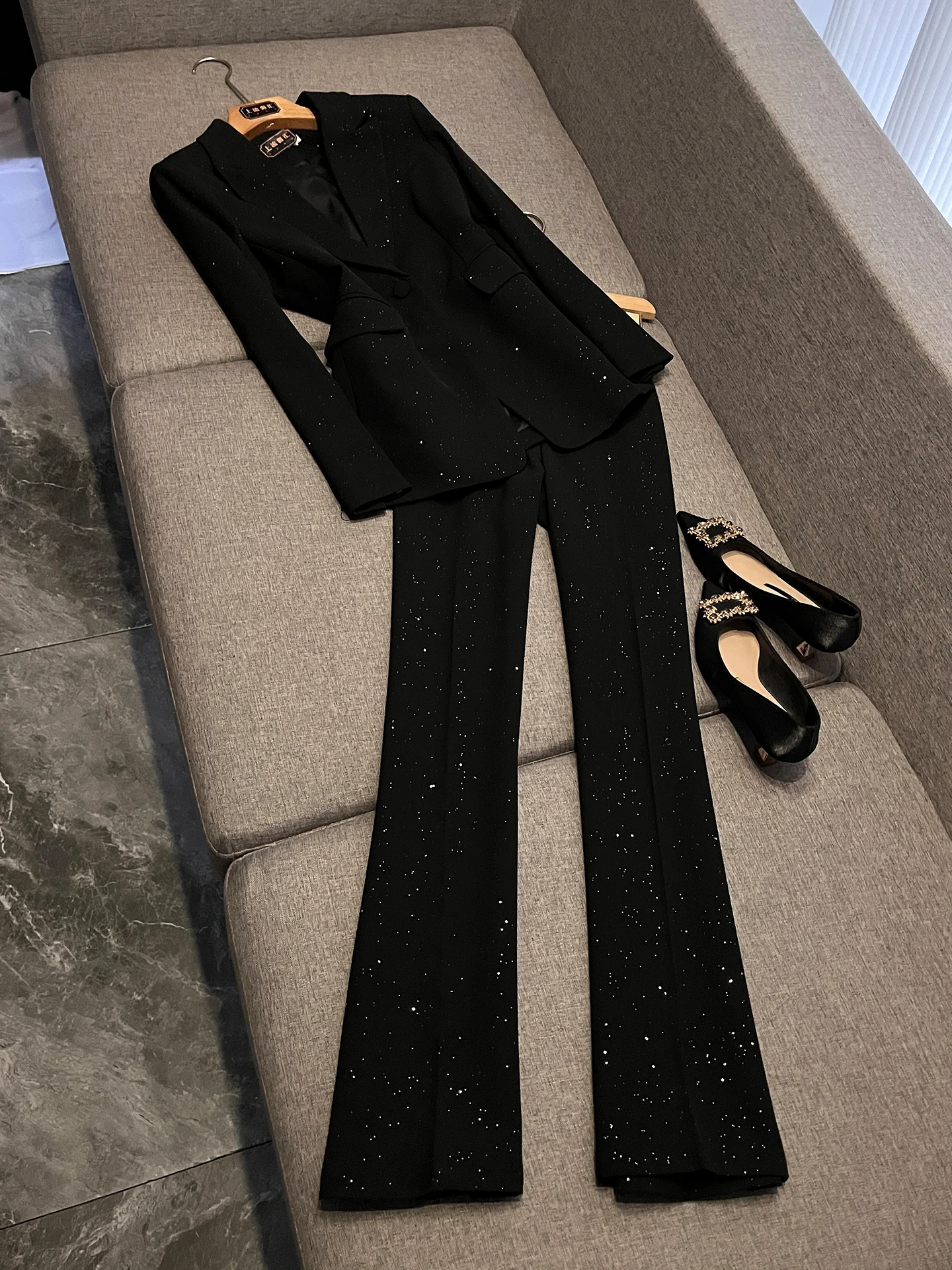 

Shiny Spring Star Design Korean Style Suit Jacket And Pants Set Sparkling Small Western Clothes for Women Polyester Material