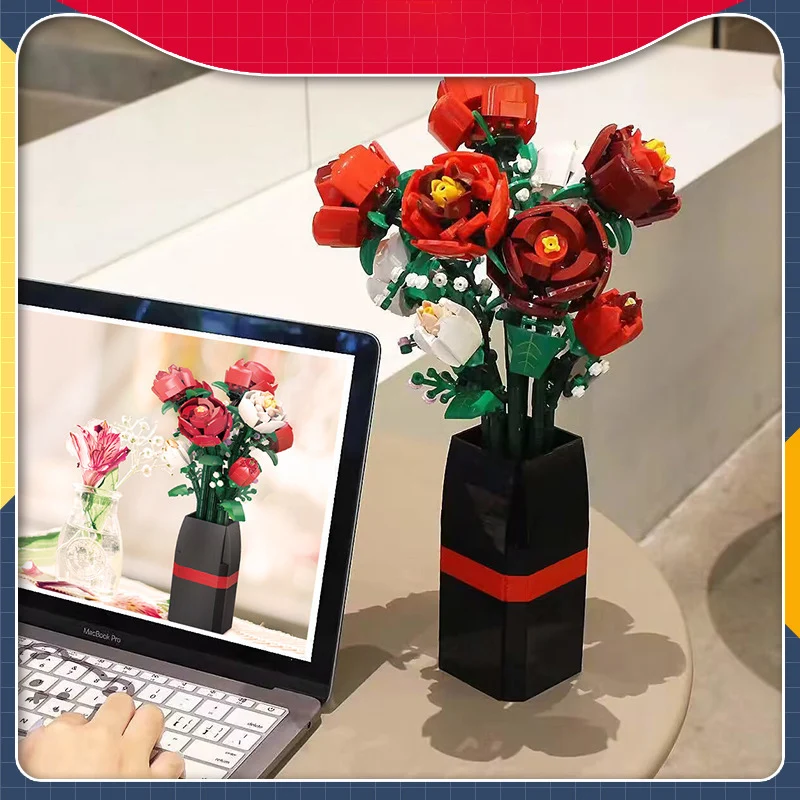 Creative Moc Red Rose Vase Plants Model Building Blocks Romantic Classic Flowers Bouquet Potted Bricks Toys Valentine's Day Gift