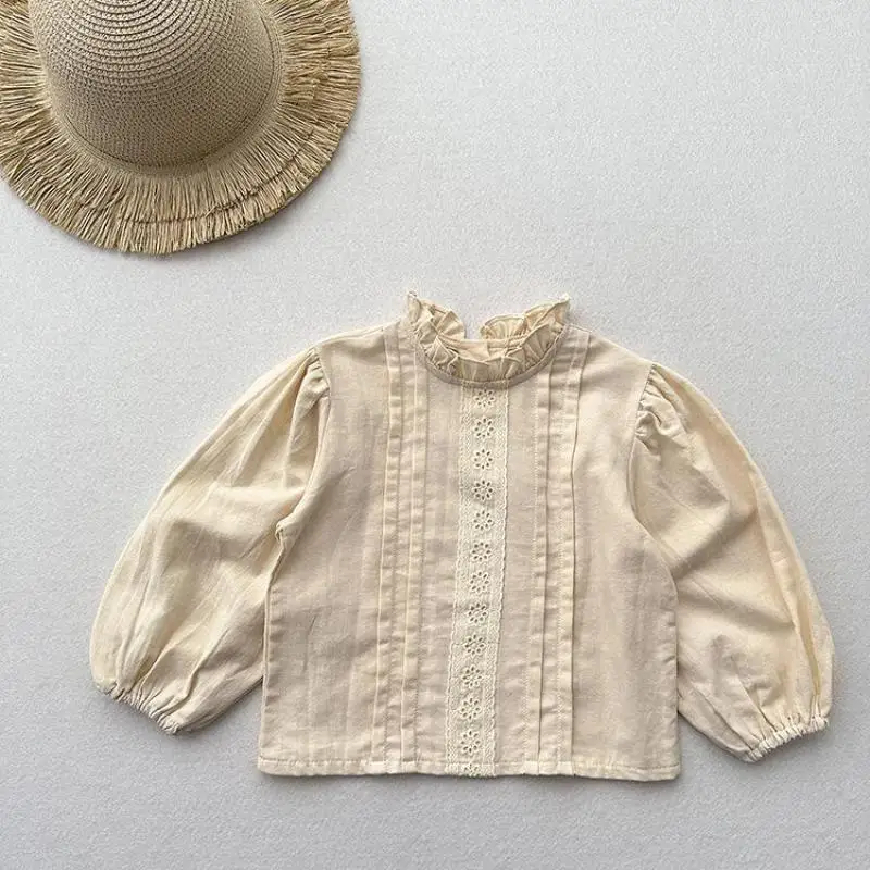 

2025 Autumn New Children Long Sleeve Shirts Solid Girls Vintage Lace Collar Blouse Kids Loose Cotton Tops Baby Girls Clothes