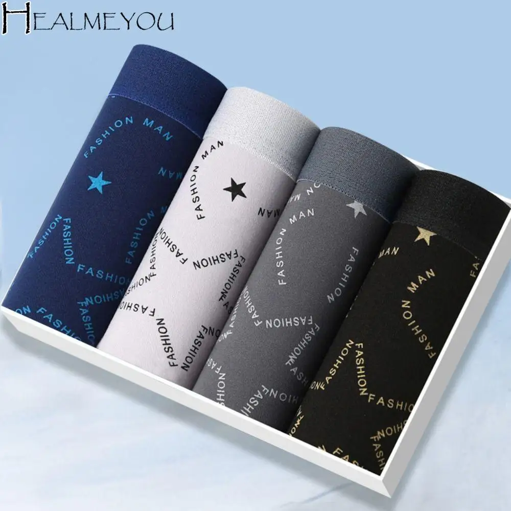 

4Pcs Stripe Letter Men's Flat Panties Large Size Mid Waist Simple Boxers Shorts Seamless Underpants Underwear for Men Male/Boys