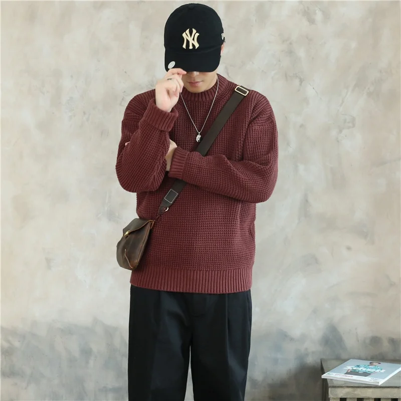 

Японский утепленный свободный вязаный свитер с круглым вырезом для мужчин, осенне-зимняя верхняя одежда в стиле Lazy Sle с гонконгским волнистым узором