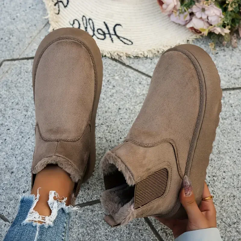 

Women Boots Short Plush Warm Snow Boots 2025 Luxury Designer Shoes Casual Fur Chelsea Ankle Boots Flats Platform Ladies Shoes