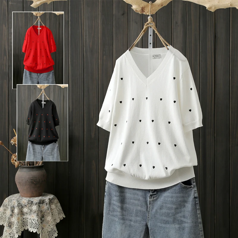 

Summer Large Size V-Ne T-irt Women's Sweet Knitted Color Korean Loose Faion Polka Dot ort Sve Top Trendy