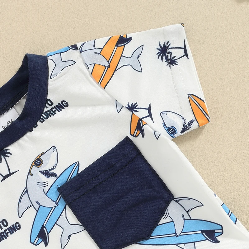 

Toddler Boys Summer Outfits Beach Style Shark Tree Print Short Sleeve T-Shirts Tops and Shorts 2Pcs Clothes Set