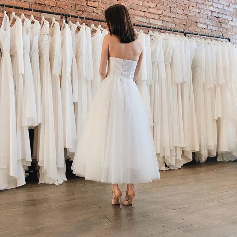 Simple Tea Length Wedding Dress Cheap White Ivory Short Vestido De Novia Custom Made  Bridal Wedding Dresses four season Wedding