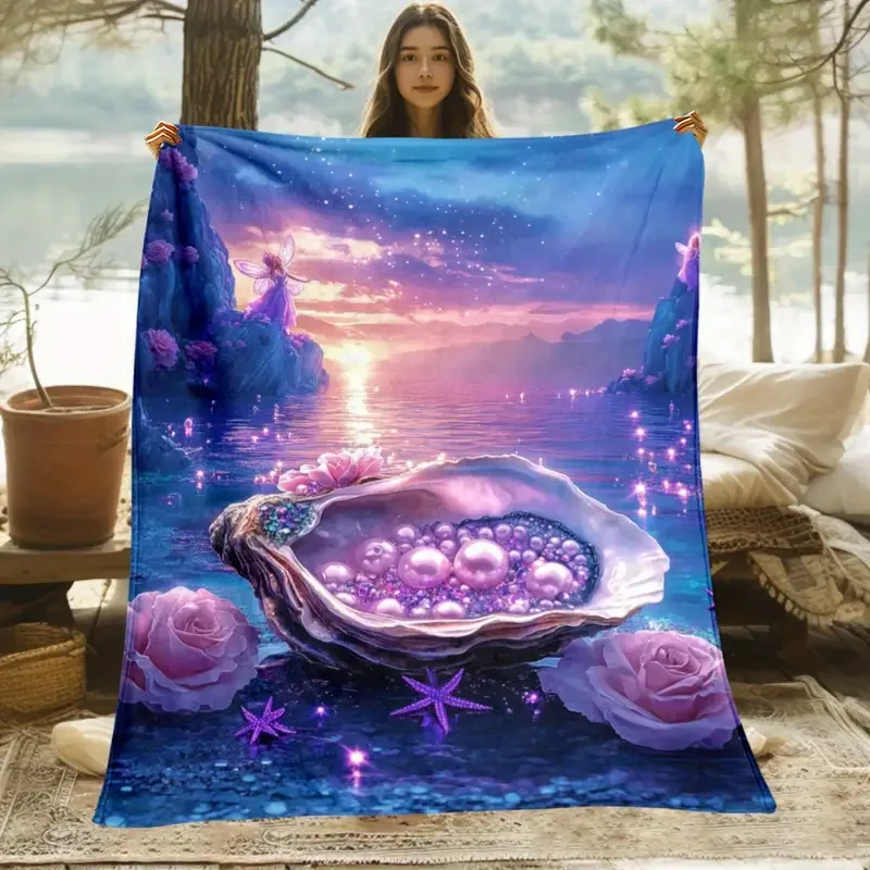 

Seascape oyster and pink rose print - lightweight flannel blanket, soft and warm, perfect for camping, picnics, travel, office