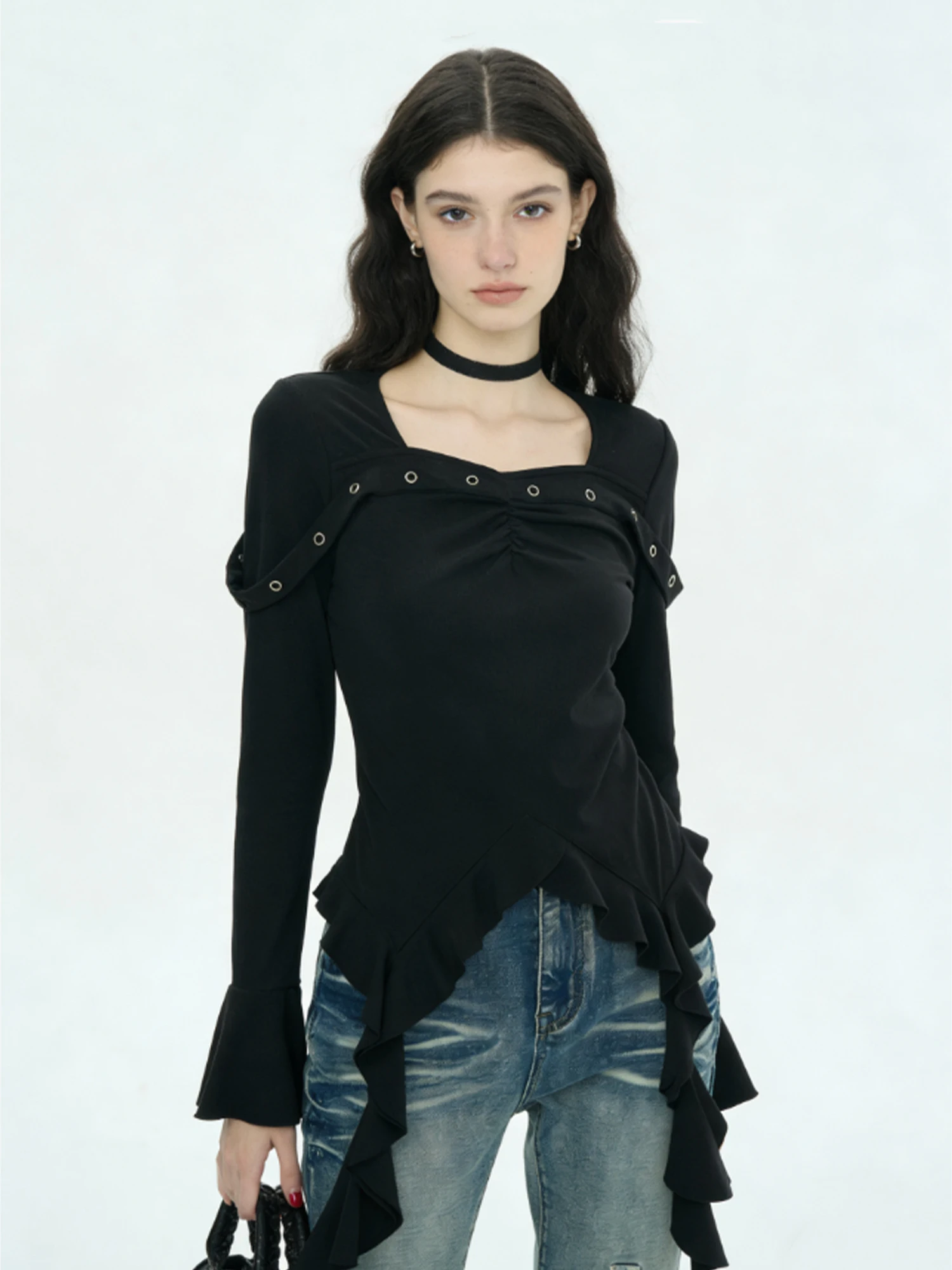 Women's Black Gothic Emo Y2k T-shirt Vintage Aesthetic Square Collar Long Sleeve Irregular T Shirt Slim Fit Tee Top Summer 2026