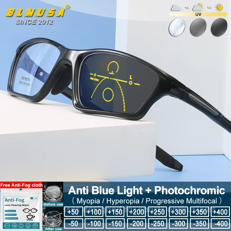 BLMUSA (L) Fashion Cycling Basketball Sporty Myopia Prescription Glasses Men Anti Blue Light Photochromic Reading Pilot Eyeware