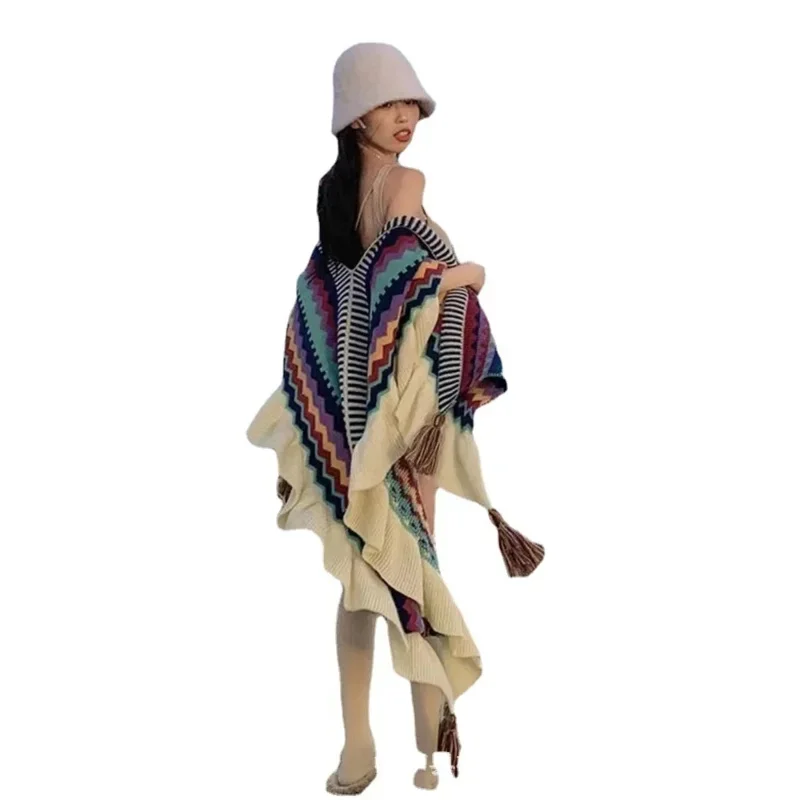 Women Autumn Winter Bohemian Faux Cashmere Ethnic Style Long Thick Poncho Shawl Female Big Pendulum Loose Cloak Coat MN12
