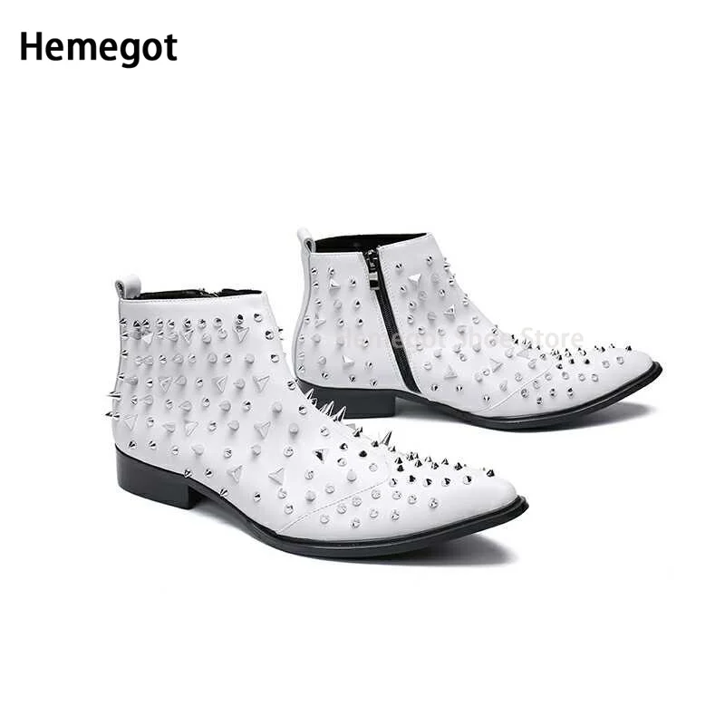 

Silver Rivets Pointed Toe Low Heel Boots Side Zipper High Top White Men's Luxury Booties Party Short Boots Autumn Spring Shoes