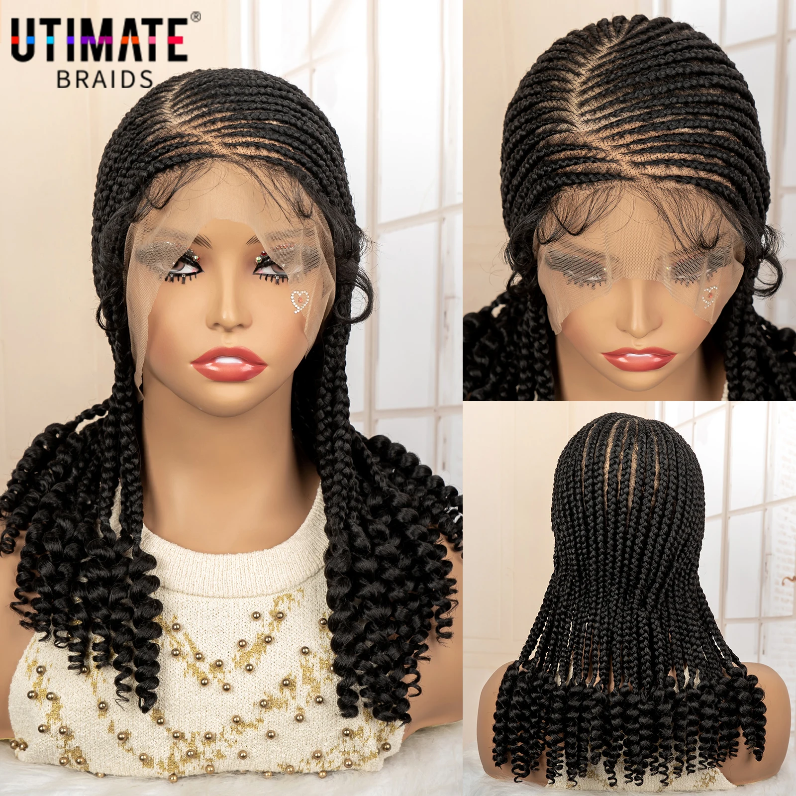 Synthetic Cornrow Braids Wig Full Lace Braided Wig with Curly Ends Lace Frontal Afro Knotless Braiding Wigs for Black Women
