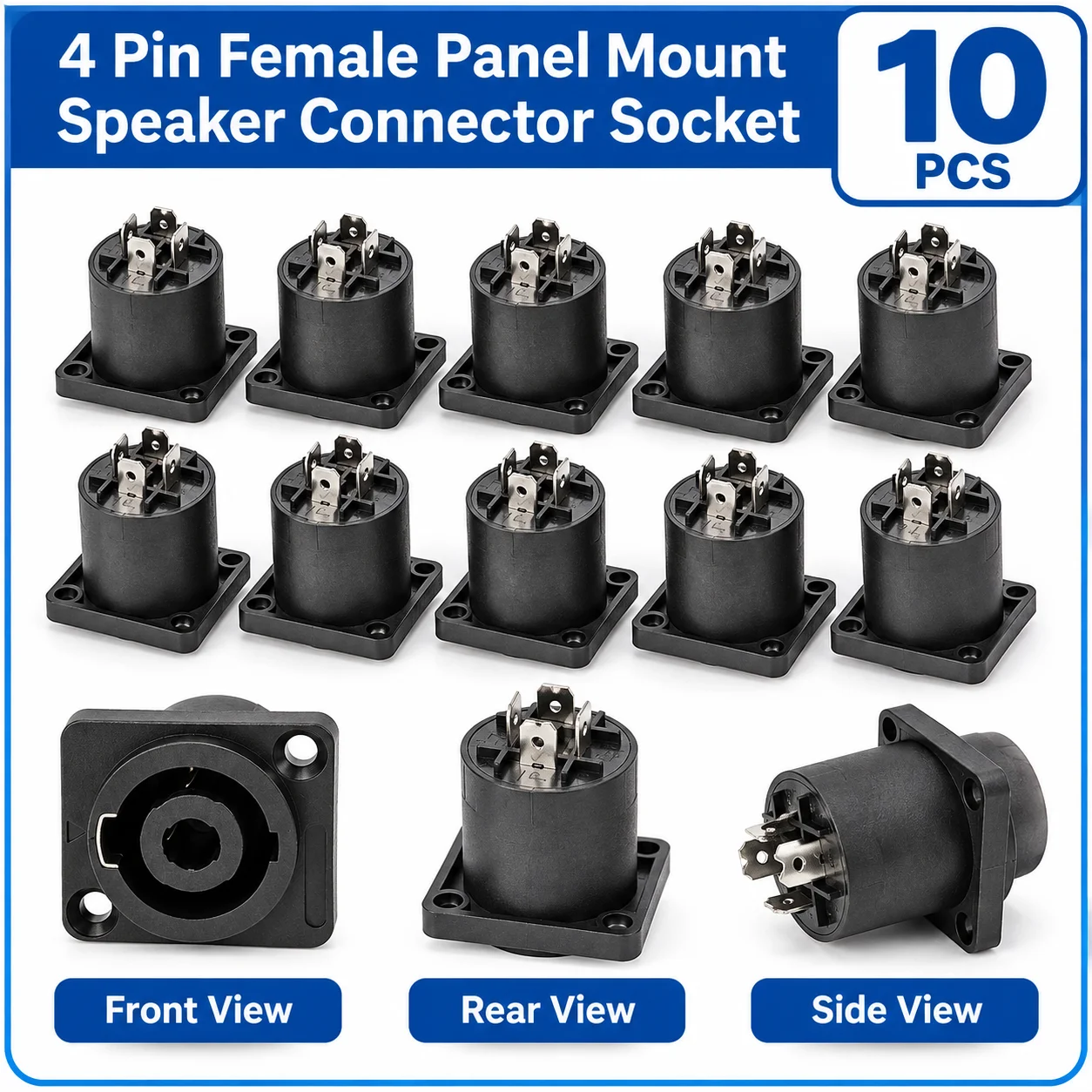10PCS 4 Pin Female Speaker Jack Socket Connector Panel Mount Square Flange Twist Lock for PA Audio Loudspeaker Amplifier Cabinet