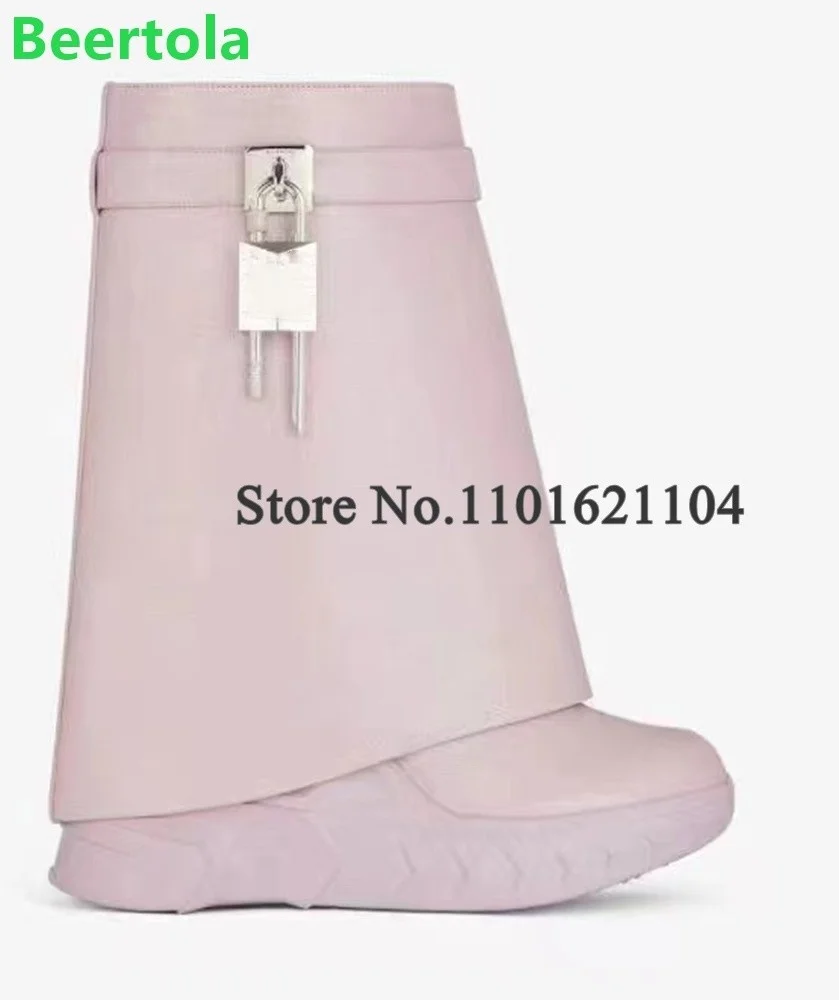 Pink Lock Thick Sole Luxury Shark Boots for Female Women 2024 Wedge Heel Round Toe Fashion Runway Elegant Solid Mid-Calf Shoes