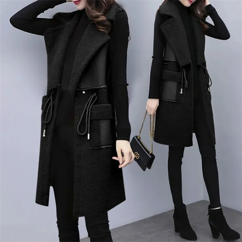 High Quality Long PU Leather Vest For Women Spring Autumn New Korean LoseThick Lambwool Waistcoat Female Sleeveless Jacket 5XL