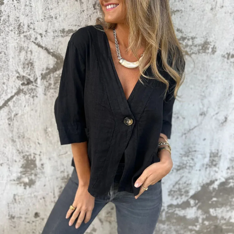 Simples vintage com decote em v algodão linho casaco elegante único botão mulher topos cardigan outono meia manga blusa camisa harajuku mujer