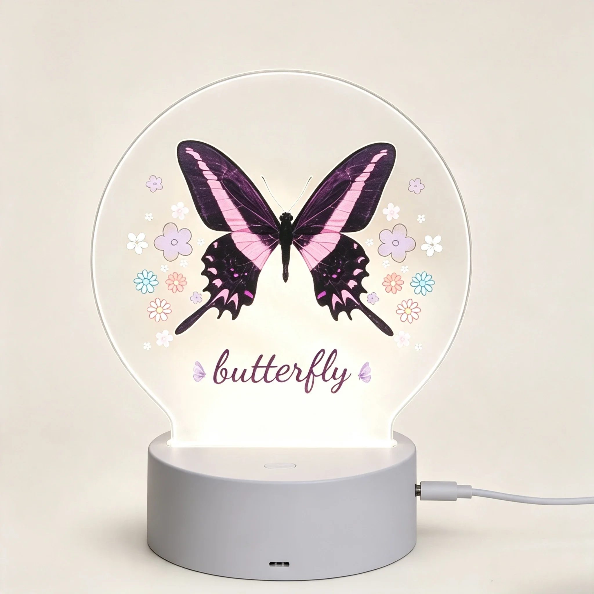 Round Frame Butterfly Pattern Acrylic LED Night Light Home Decor Lamp