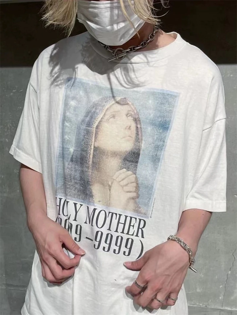 Cotton T-shirt Round Neck Oversize Vintage  Retro Tops Alphabet Printed Virgin Head Short Sleeve High Street Retro Wash T Shirts