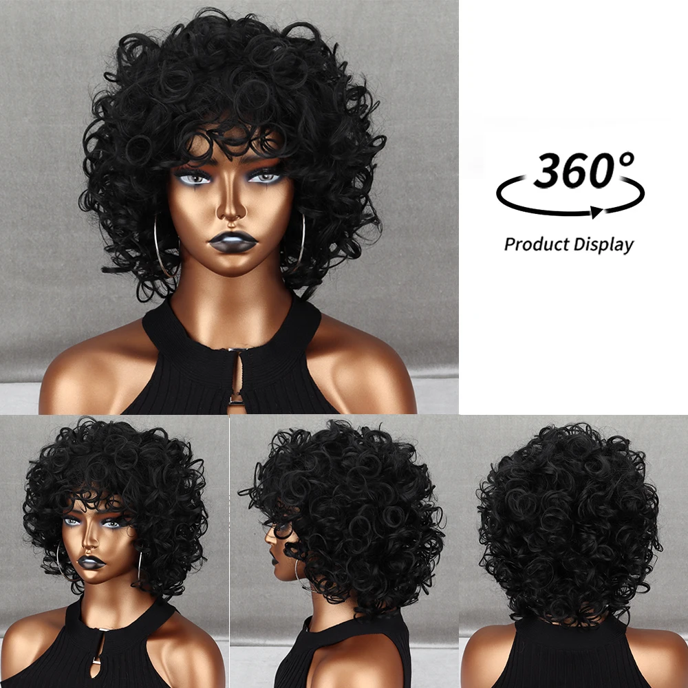 WERD Synthetic Short Black Hair Afro Kinky Curly Wigs With Bangs For Black Women Fluffy  African Ombre Wigs