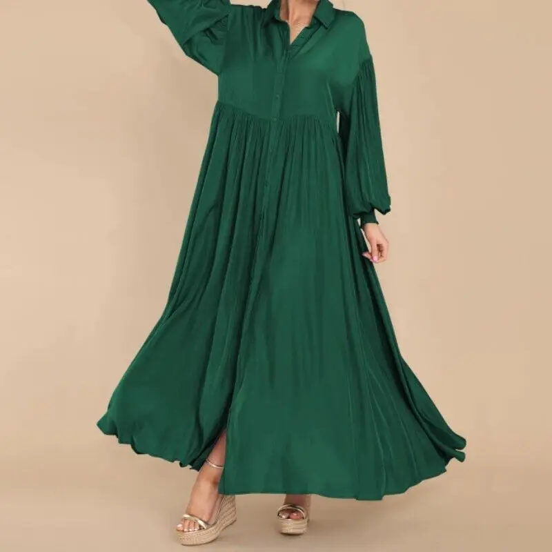 Spring Fall Cotton Maxi Shirt Dress Women A-line Big Swing Long Sleeves Single-breasted Loose Patchwork Long Dresses For Women\'s