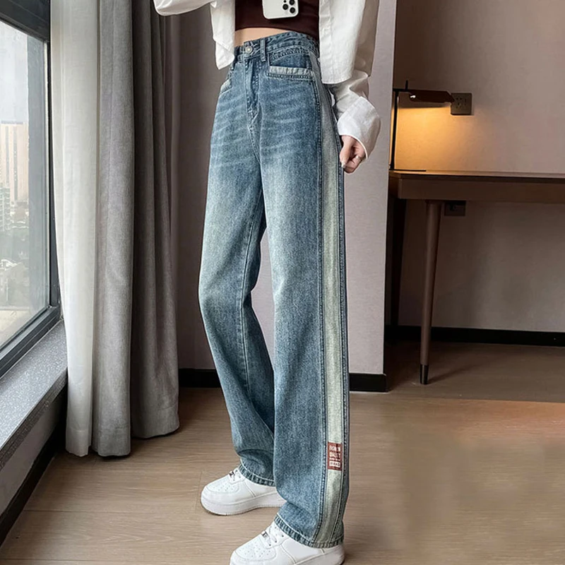 Jean bleu taille haute pour femme, pantalon en denim à jambe large, mode coréenne Y2K, streetwear, épissage, tendance féminine droite, automne