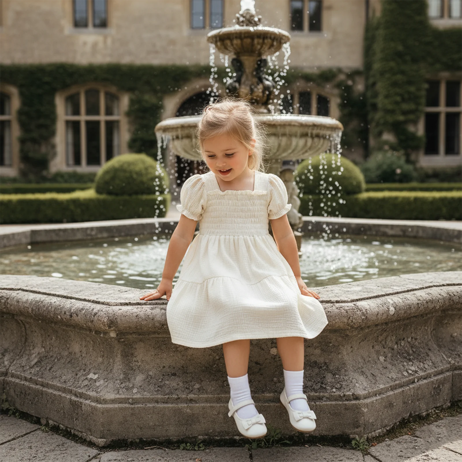 ملابس الأطفال الصغار فستان صيفي للفتيات بأكمام قصيرة منتفخة ورقبة مربعة على شكل حرف A فساتين الأميرة #2