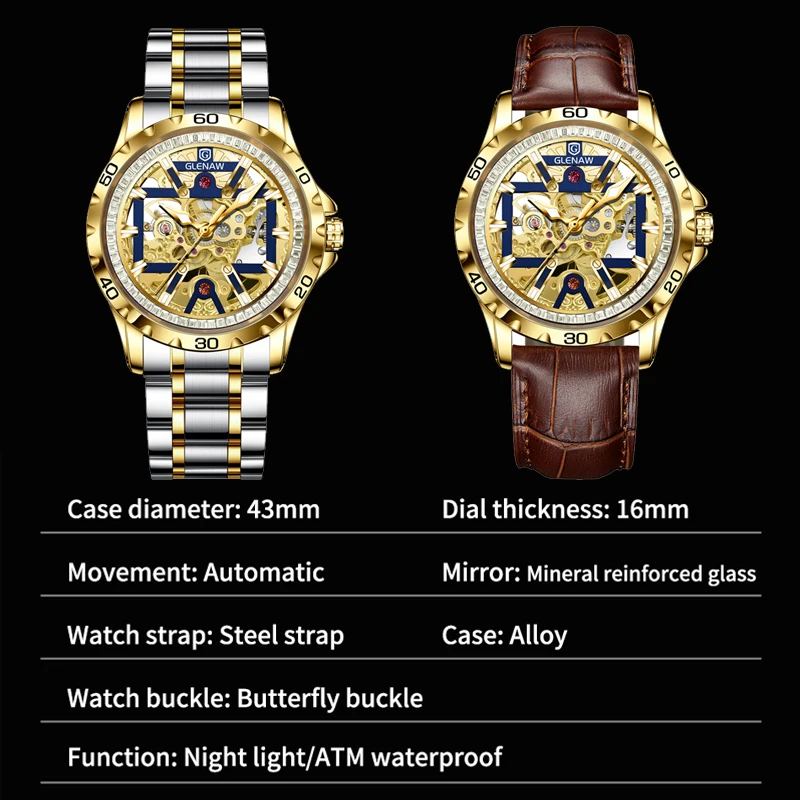 2025 NEW GLENAW Mechanical Watch Men Night Light Waterproof Top Luxury Automatic Mechanical Watch Stainless steel watch strap