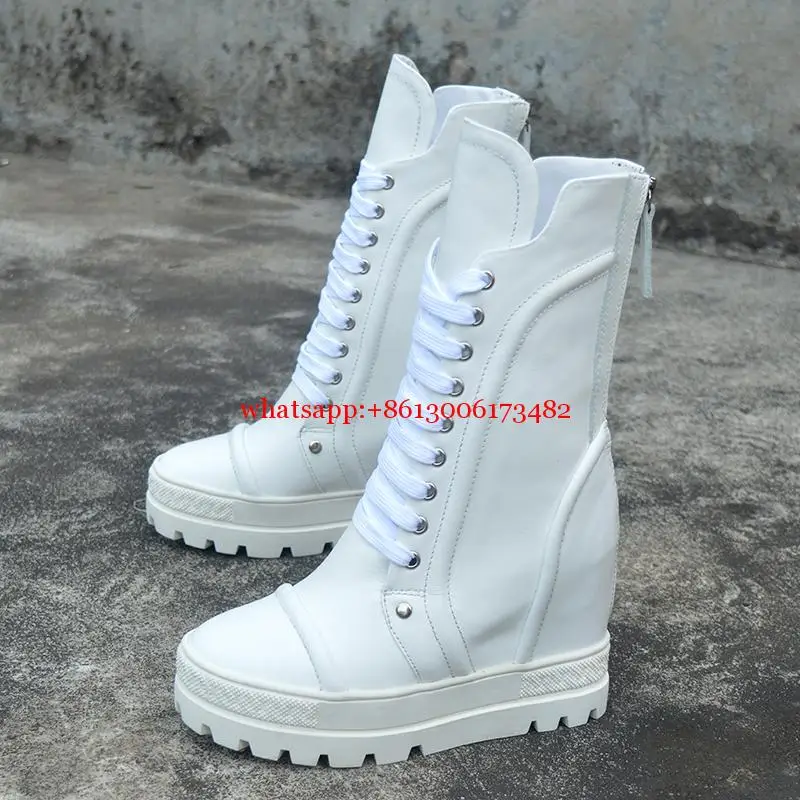 Design Chain Platform Rubber Sole 10Cm Inner Heel Lace Up Leather Woman Ankle Boots White Black Color Leather Lace Up Boots