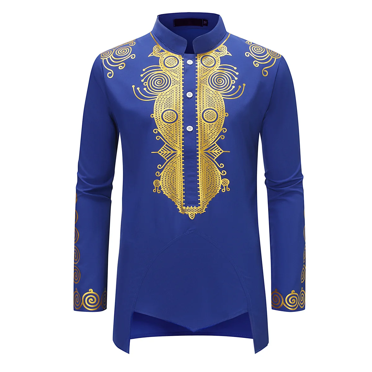 Men's Islamic Arabic Abaya Robe Ethnic Print Stand Collar Youth Mid-length Shirt Muslim Men Clothing Luxury Casual Fashion Dubai