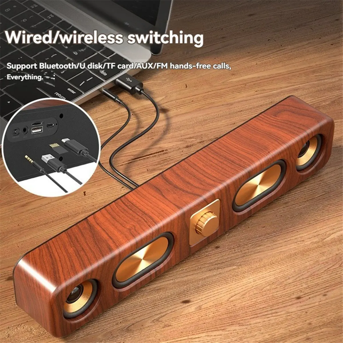 2026 جديد + سماعات بلوتوث خشبية المحمولة الصوت بار HiFi بطاقة ستيريو الكمبيوتر المنزلي سطح المكتب اللاسلكية الصوت راديو FM مضخم الصوت