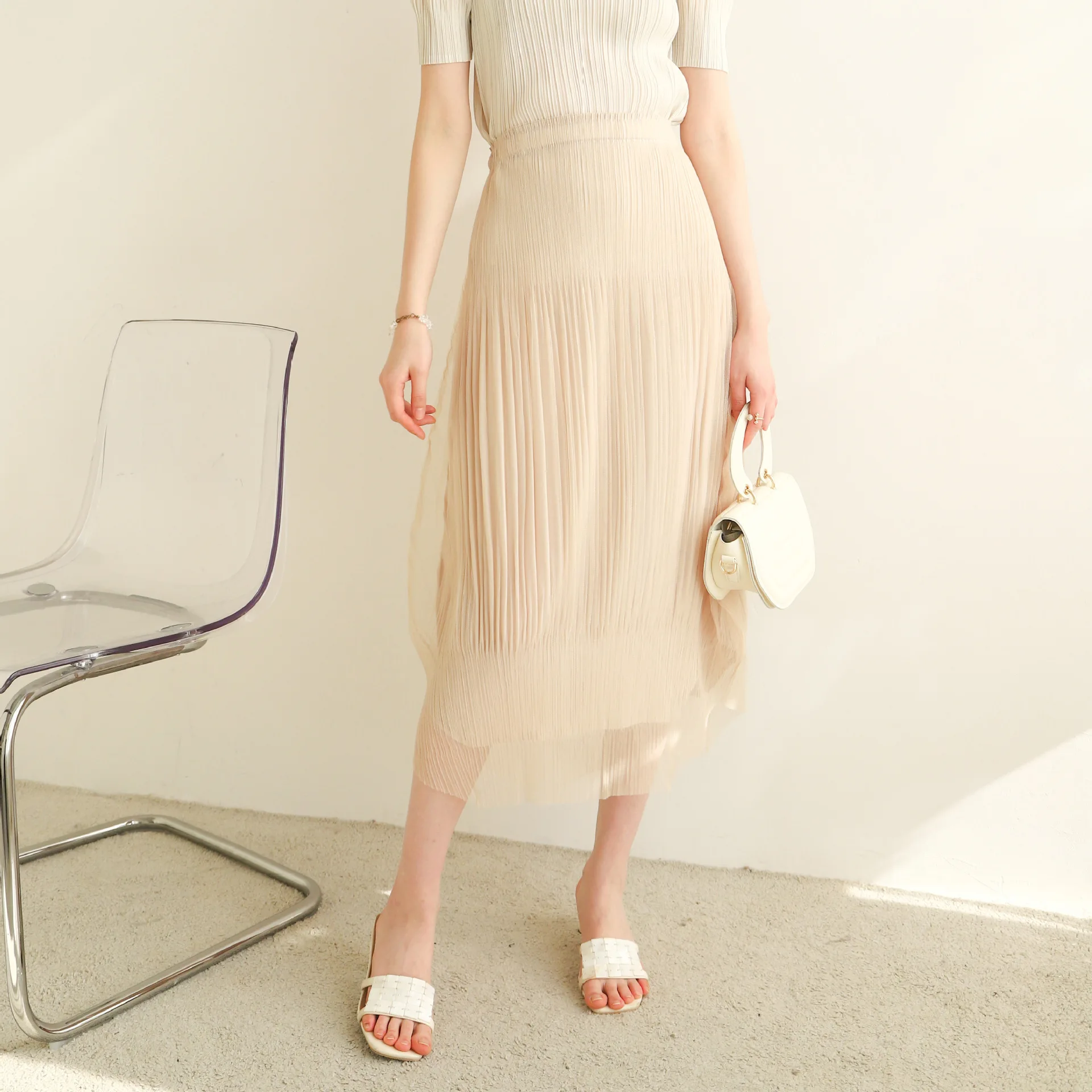 Pleats Original Pleated Half-skirt 2024 Summer Elegant Temperament Mesh Skirt Fresh Casual Upscale Half-body Skirt Clothing