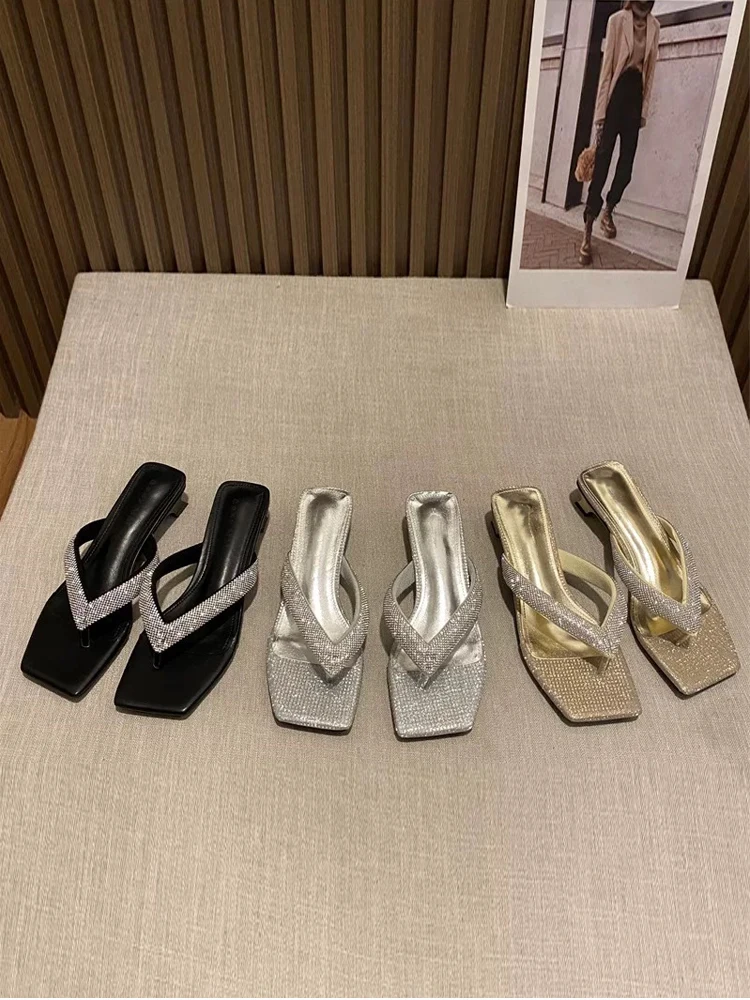 Aliexpress Women's Fashionable Diamond Rhinestone Thong Slippers mid Heel Clip Foot Summer Outdoor Wear Commute Polyester Fiber Upgraded - Aliexpress Deal