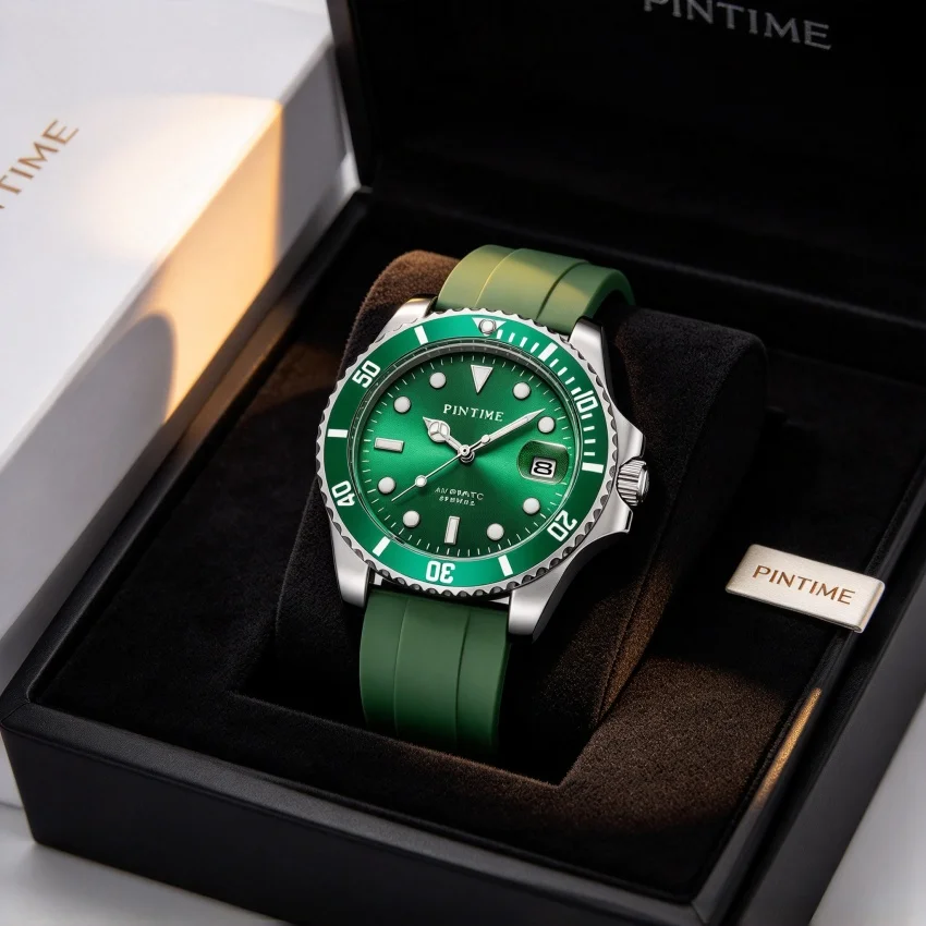 Men Classic Automatic Watch Green Dial 21 Jewels, Rotating Bezel Silicone Strap Zinc Alloy Case Date Display Business Dress