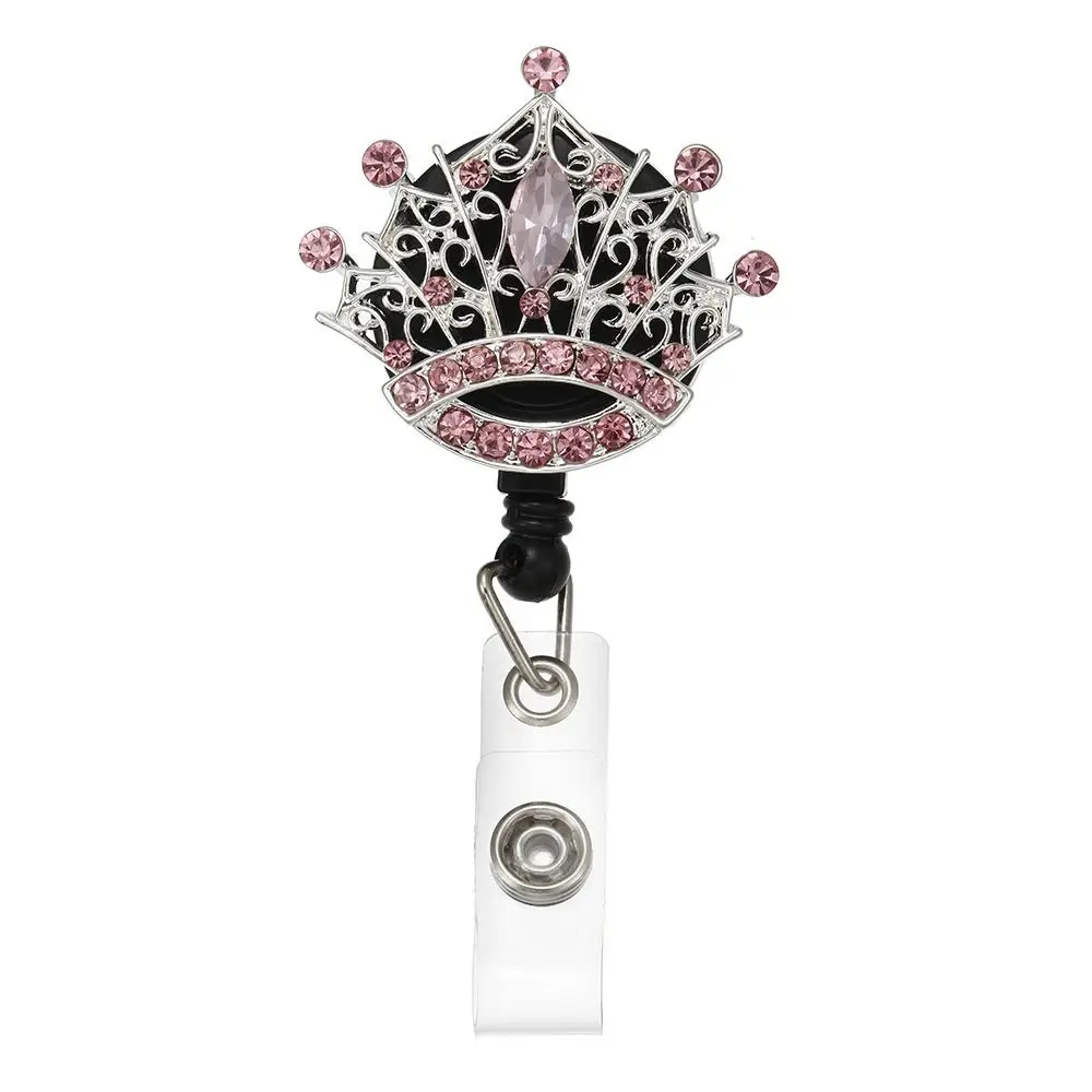 Lovely Diamond Crown Retractable Rotation Nurse Easy-pull Badge Reel Clip Rhinestone Badge Holder Students Doctor ID Card Holder